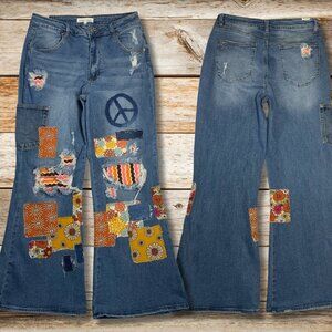 Patchwork Boho Bell Bottom Jeans Flower Patchwork Distressed Denim Peace 11
